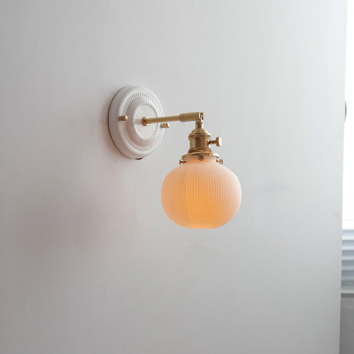 Ceramic Wall Lights with Fluted Cone Shade and Brass Arm - Wall Light Fixtures - Melon - Oak Soho