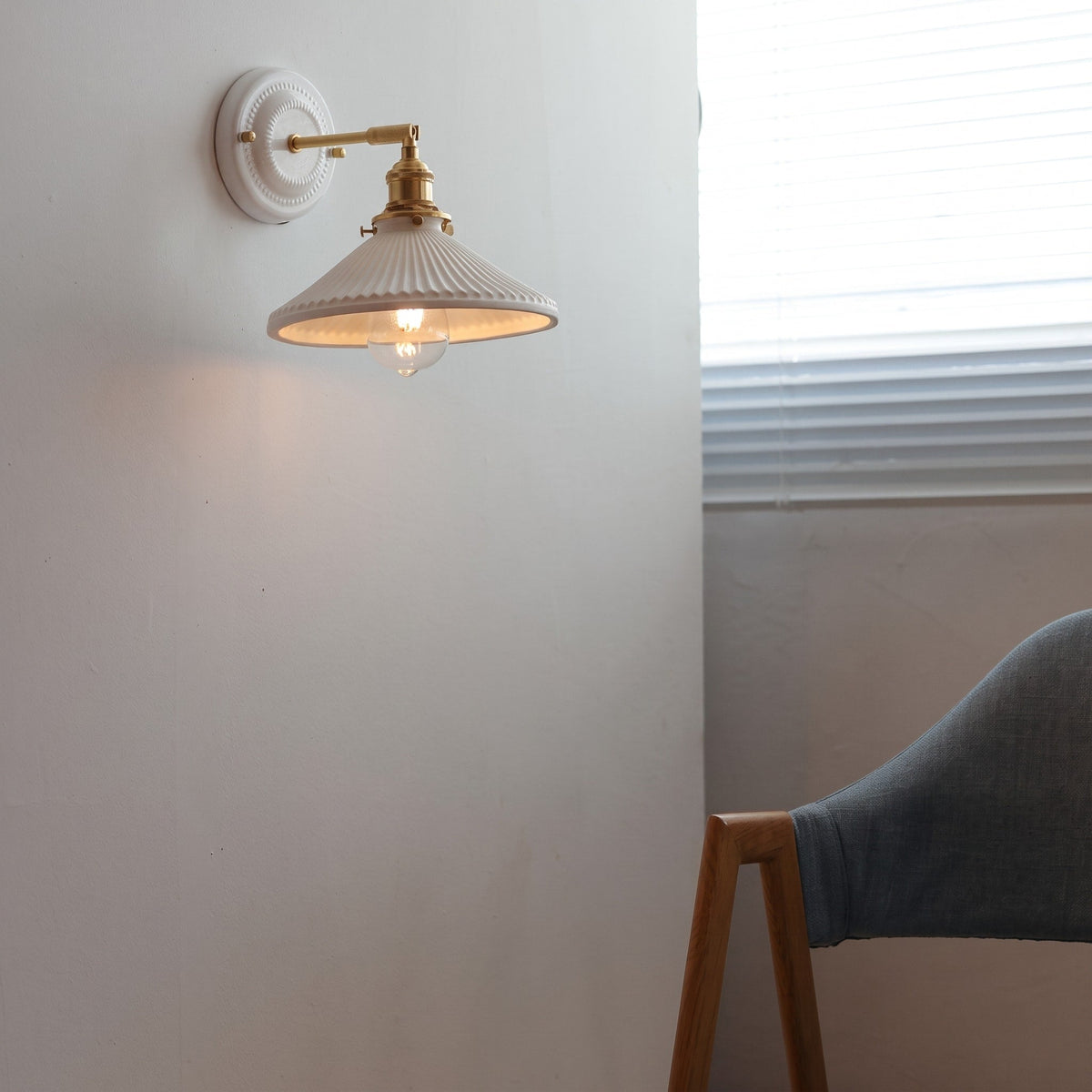 Ceramic Wall Lights with Fluted Cone Shade and Brass Arm - Wall Light Fixtures - Hat - Oak Soho