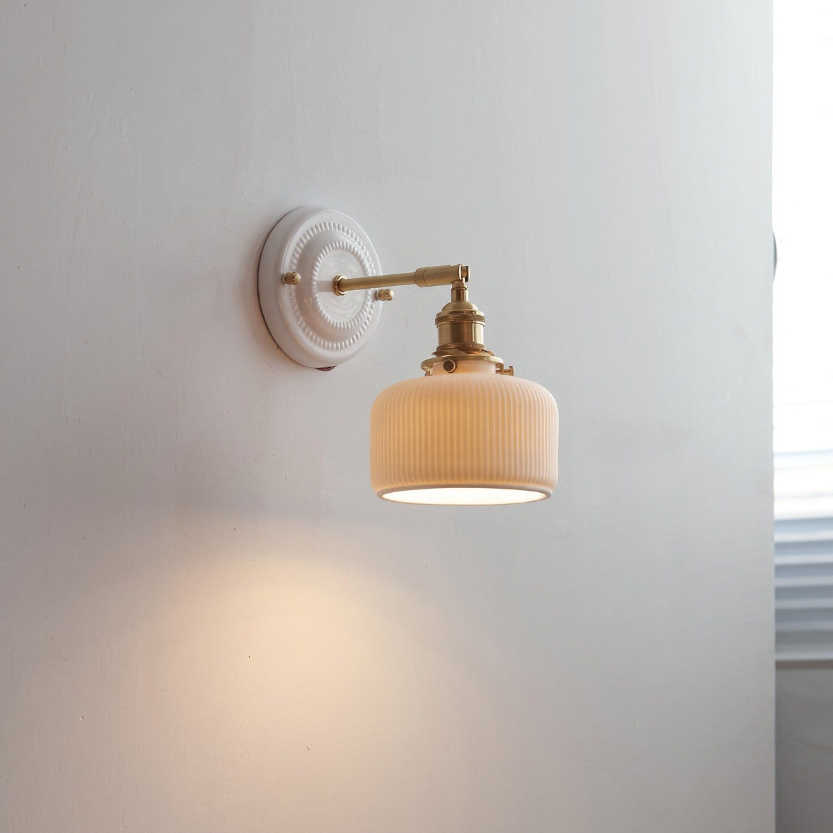 Ceramic Wall Lights with Fluted Cone Shade and Brass Arm - Wall Light Fixtures - Drum - Oak Soho