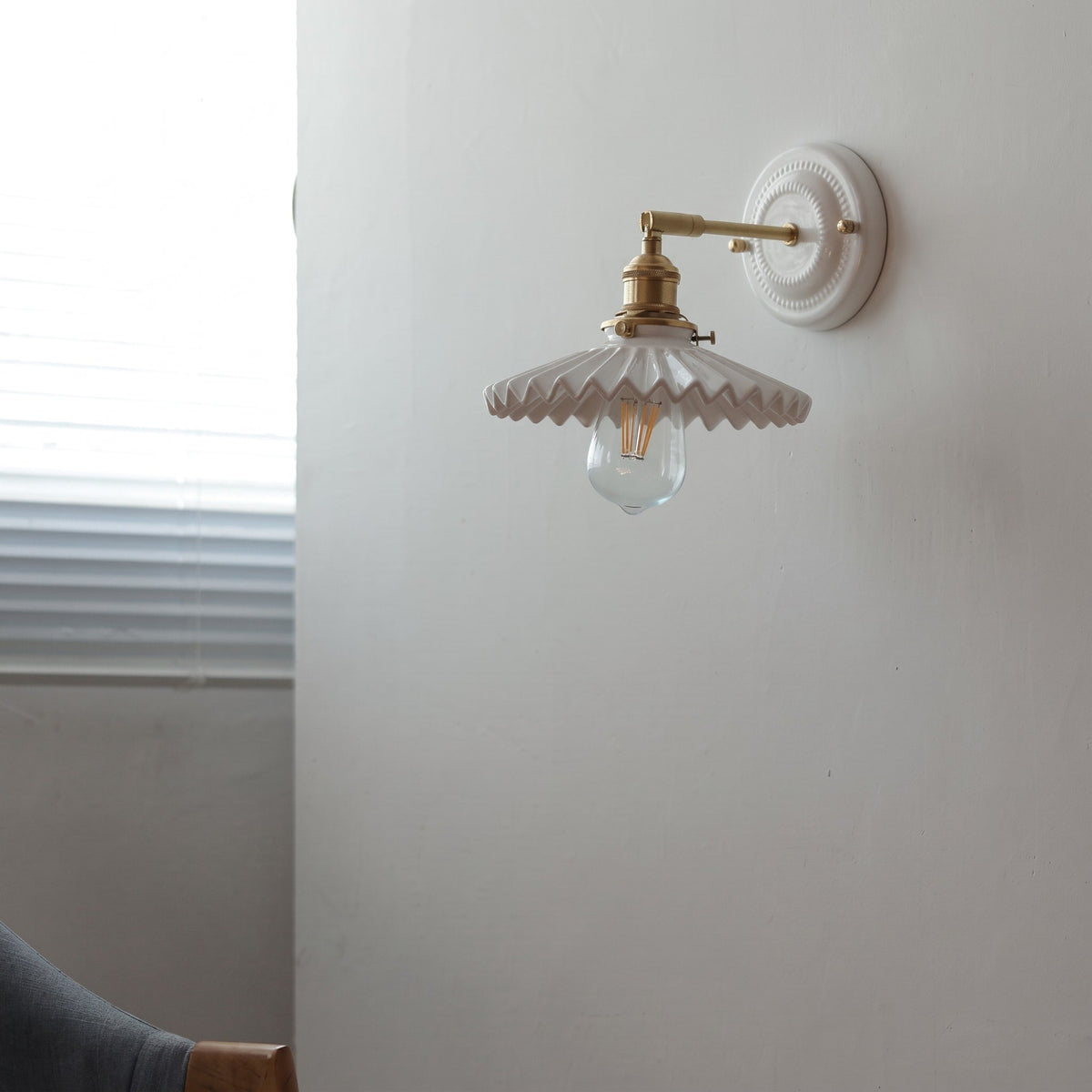 Ceramic Wall Lights with Fluted Cone Shade and Brass Arm - Wall Light Fixtures - Scallop - Oak Soho