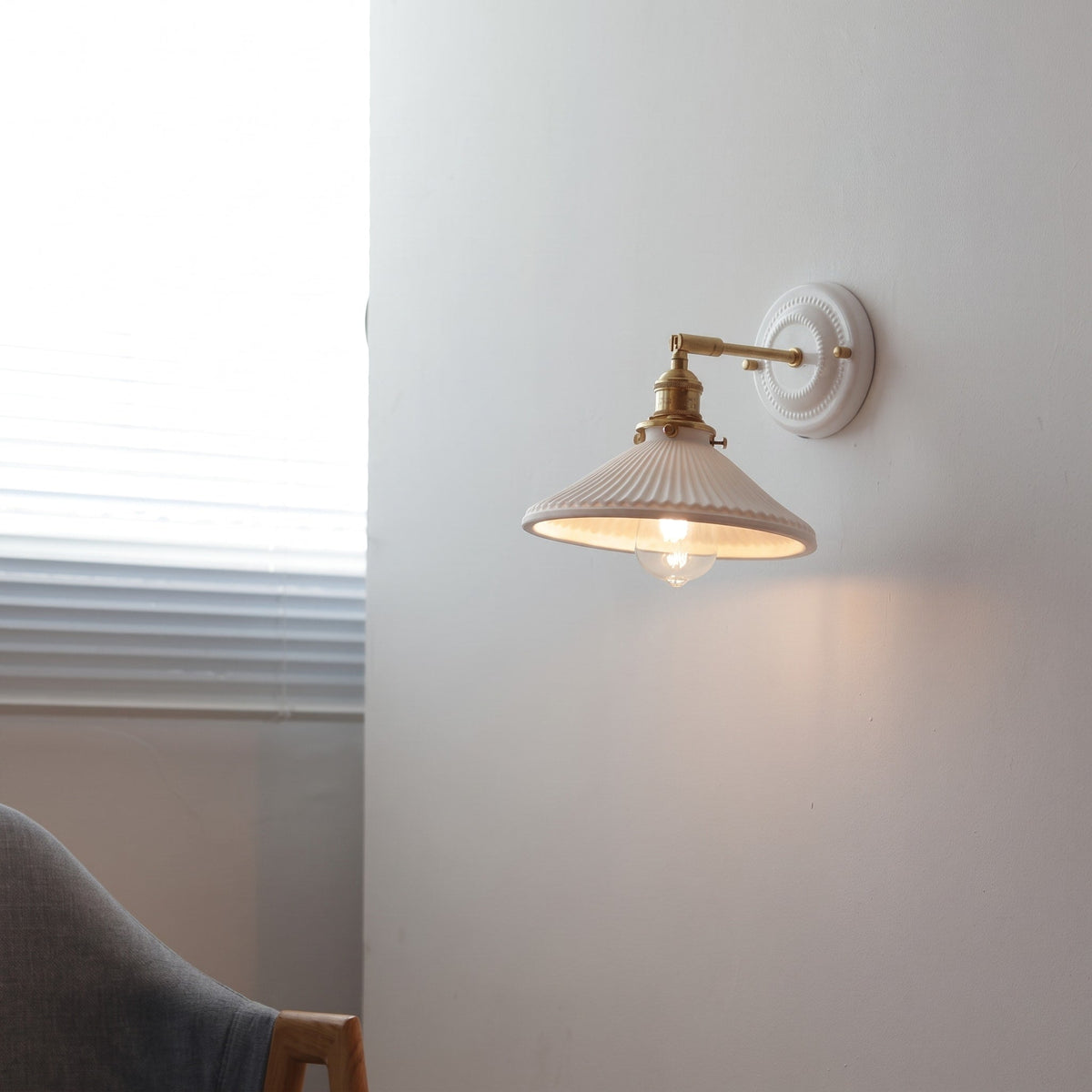 Ceramic Wall Lights with Fluted Cone Shade and Brass Arm - Wall Light Fixtures - Hat - Oak Soho