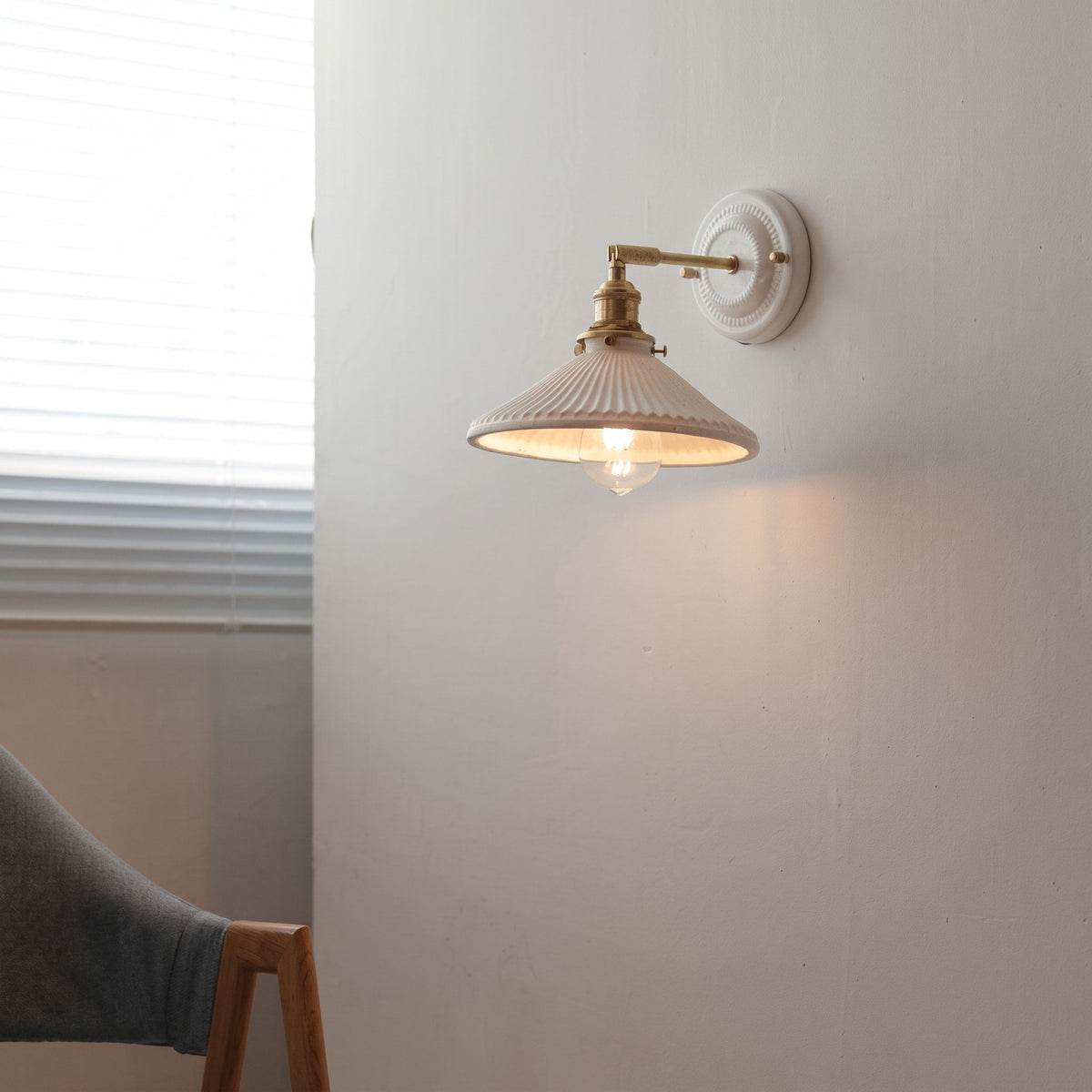 Ceramic Wall Lights with Fluted Cone Shade and Brass Arm - Wall Light Fixtures - Hat - Oak Soho