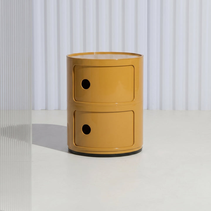 Cylindrical Nightstand with Rotating Doors and Compartments