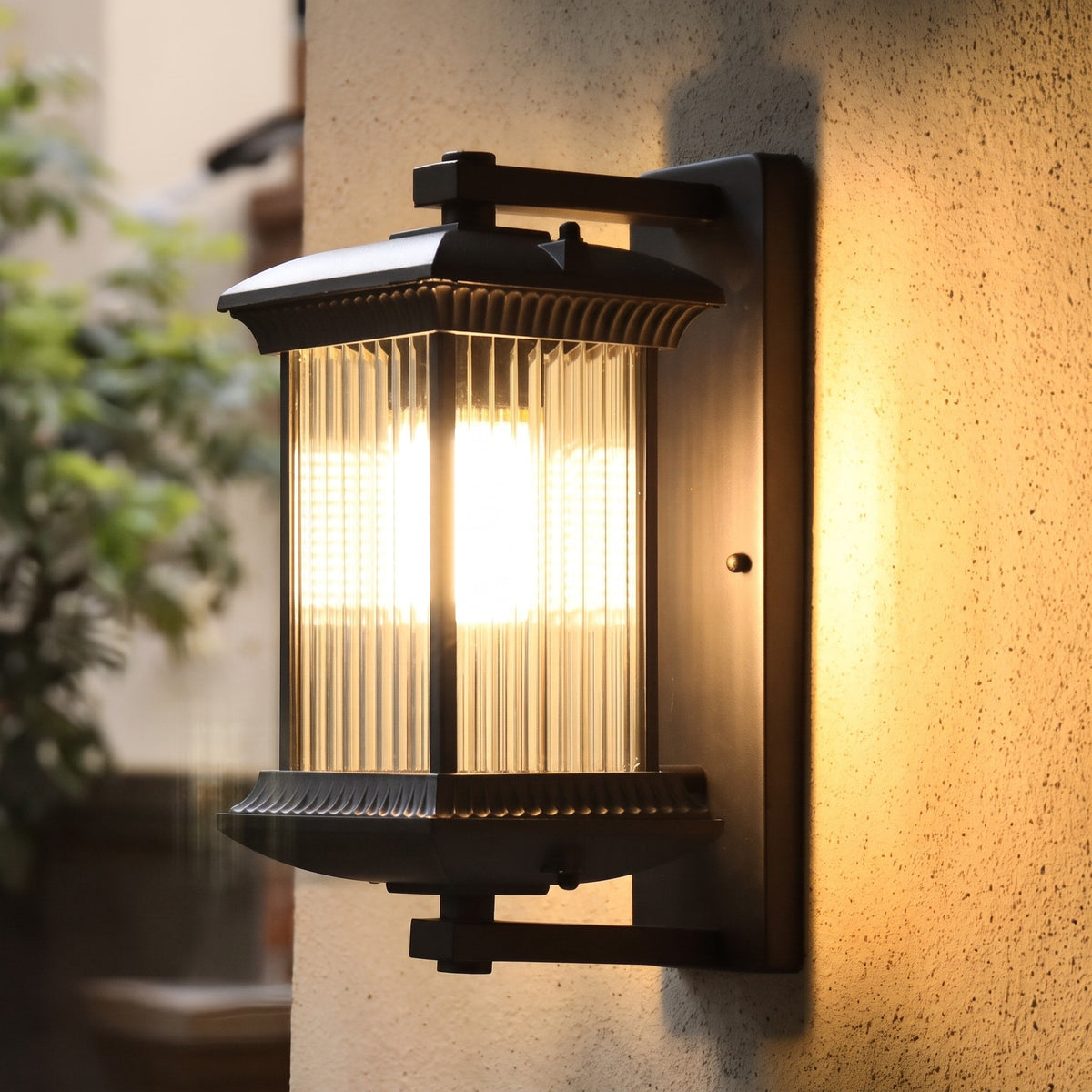 Classic Lantern Outdoor Wall Light with Ribbed Glass Shade - Wall Light Fixtures - Oak Soho