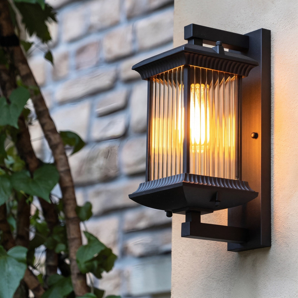 Classic Lantern Outdoor Wall Light with Ribbed Glass Shade - Wall Light Fixtures - Oak Soho