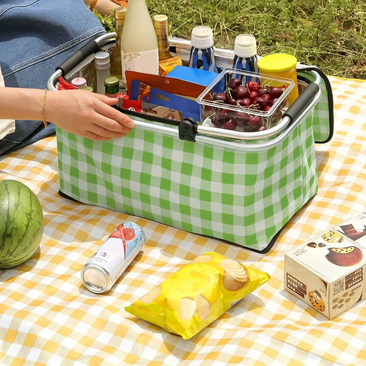 Collapsible Picnic Basket with Check Pattern and Double Zipper - Picnic Basket - Green - Oaksoho