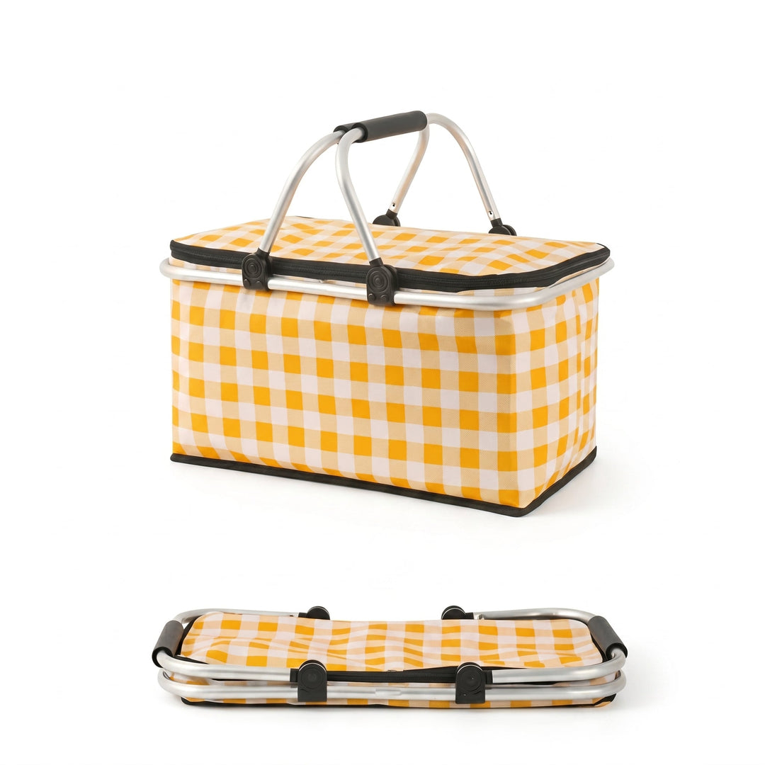 Collapsible Picnic Basket with Check Pattern and Double Zipper - Picnic Basket - Yellow - Oaksoho