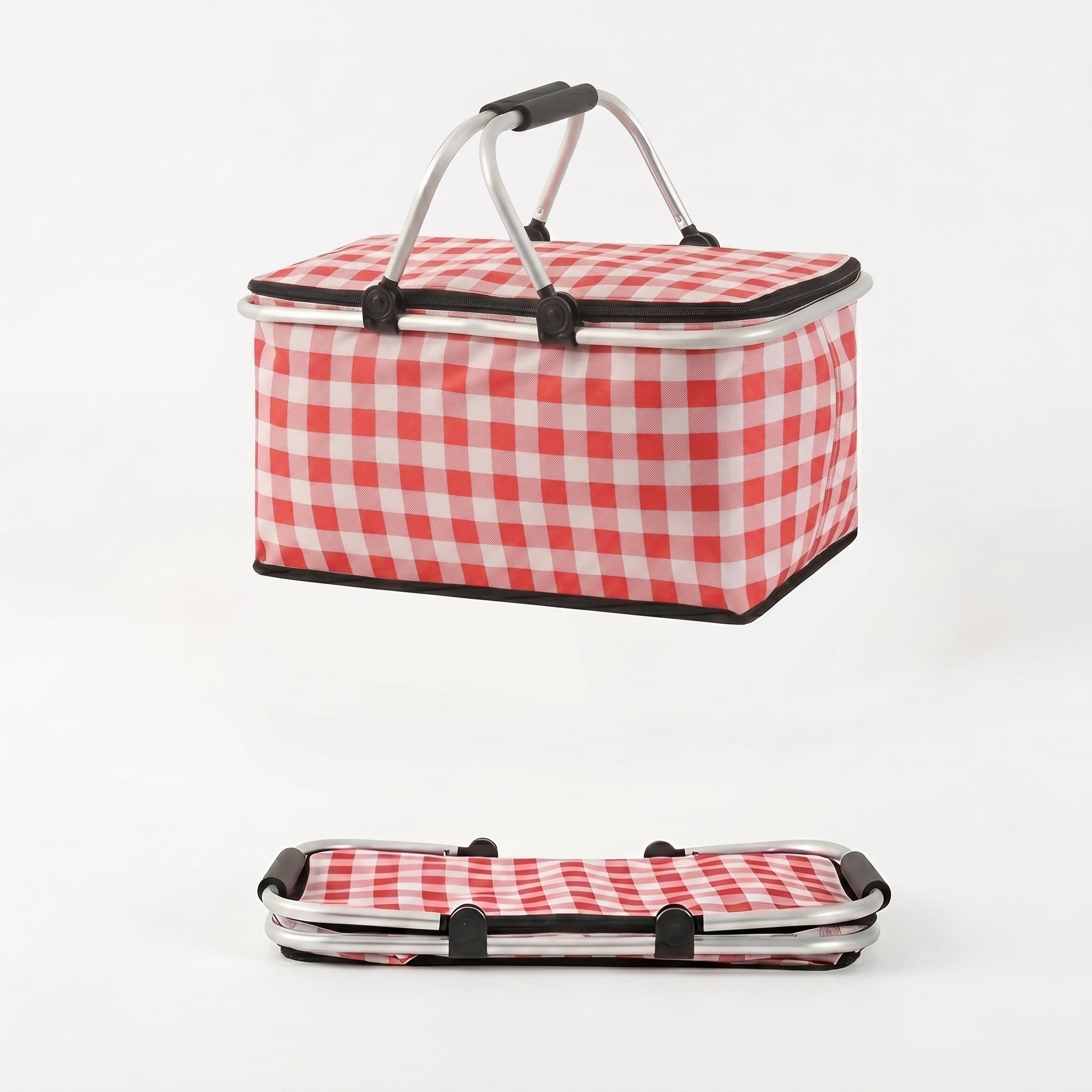 Collapsible Picnic Basket with Check Pattern and Double Zipper - Picnic Basket - Red - Oaksoho