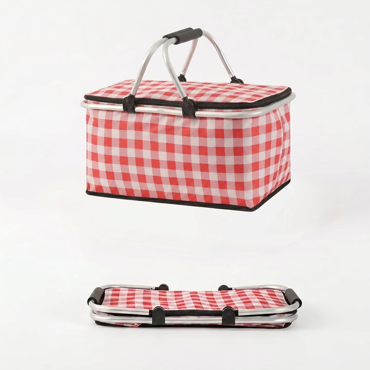 Collapsible Picnic Basket with Check Pattern and Double Zipper - Picnic Basket - Red - Oaksoho