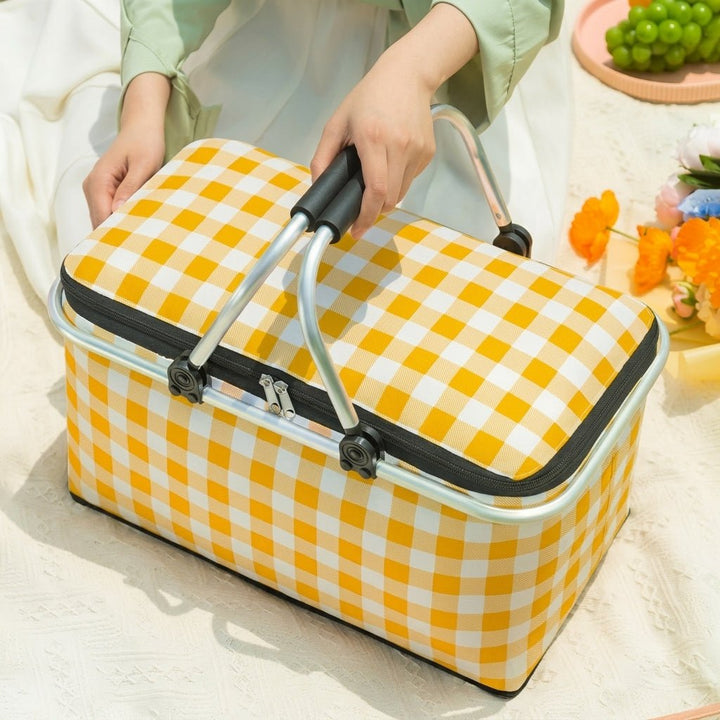 Collapsible Picnic Basket with Check Pattern and Double Zipper - Picnic Basket - Yellow - Oaksoho