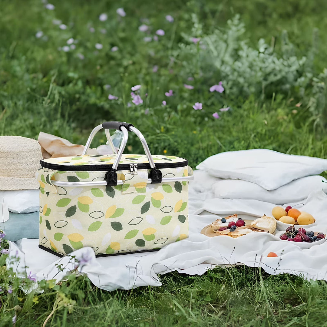 Collapsible Picnic Basket with Check Pattern and Double Zipper - Picnic Basket - Light Yellow - Oaksoho