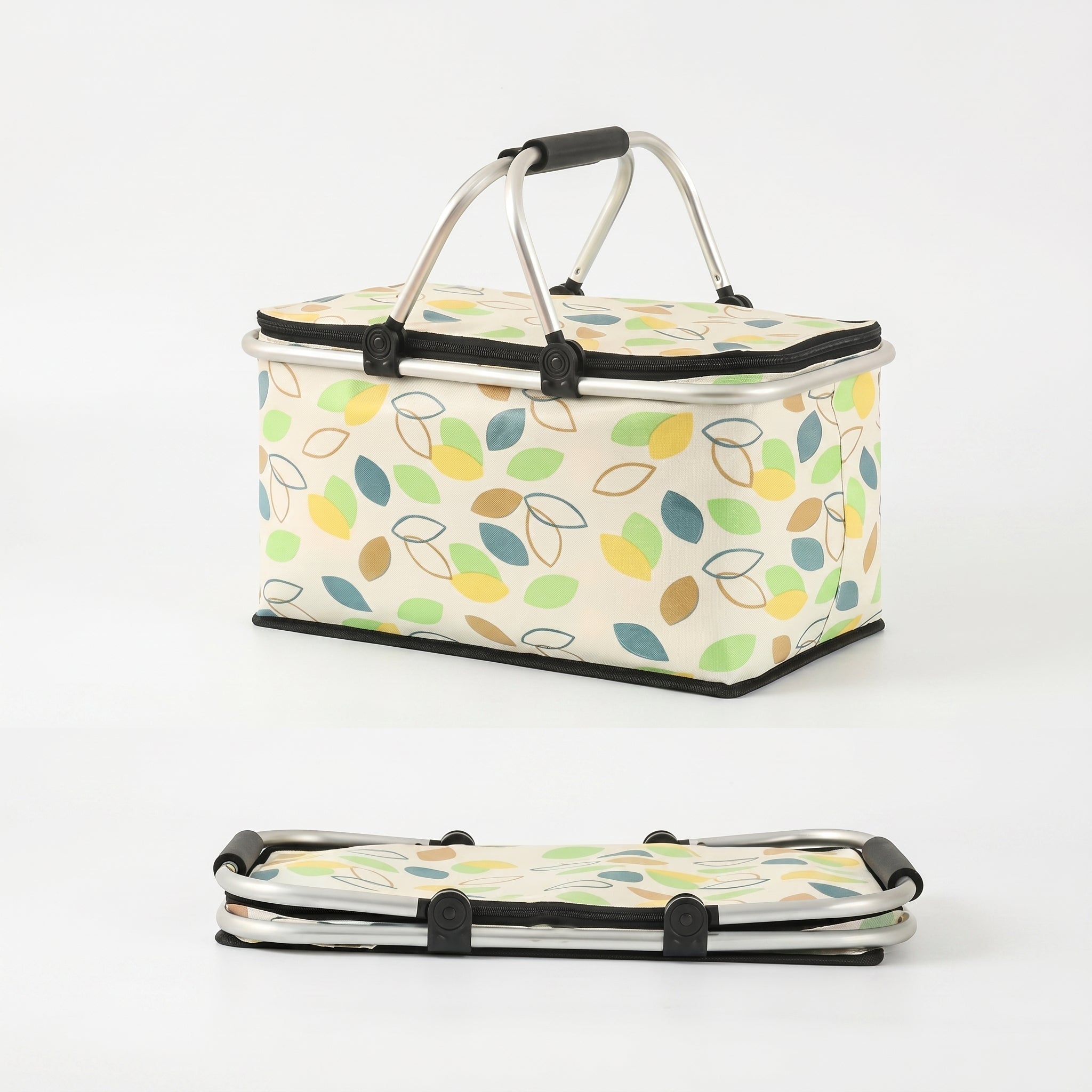 Collapsible Picnic Basket with Check Pattern and Double Zipper - Picnic Basket - Light Yellow - Oaksoho