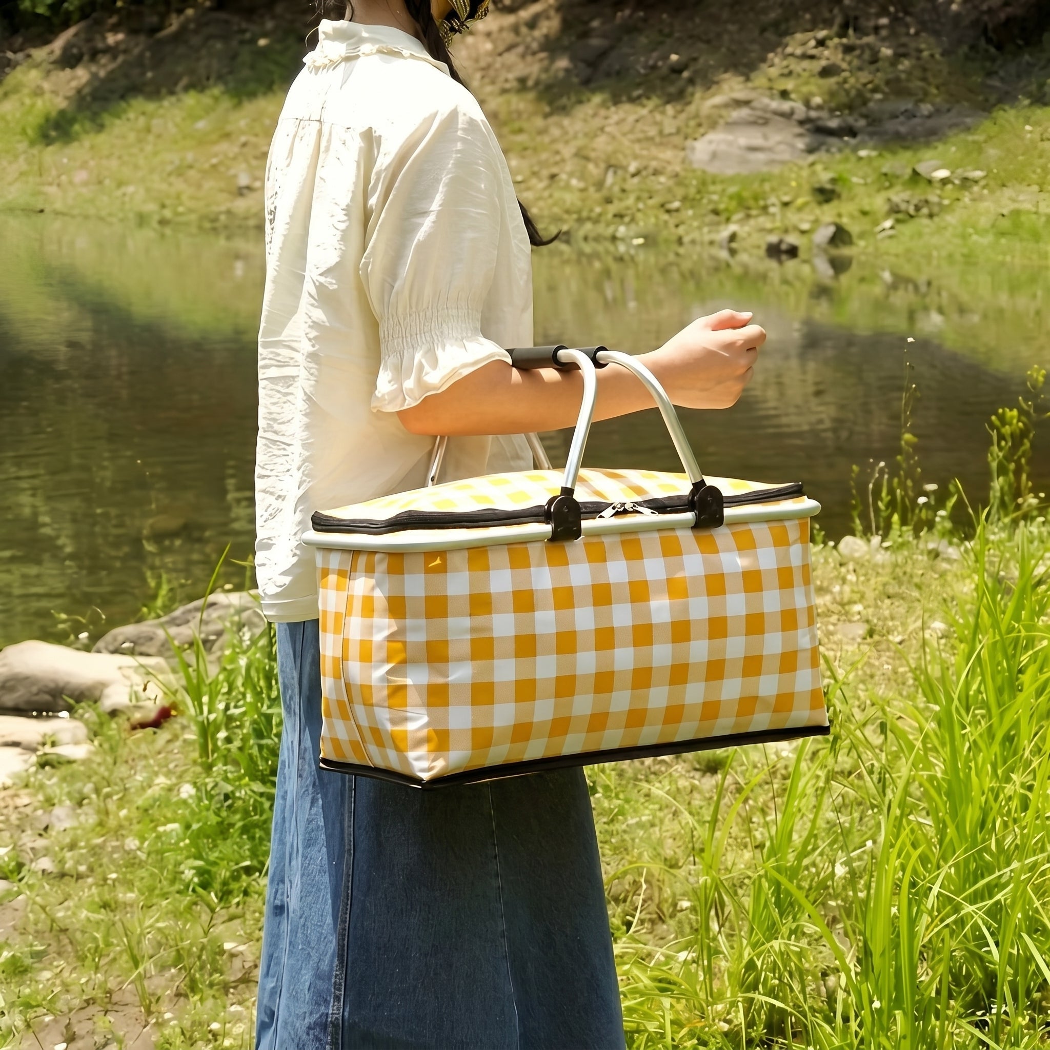 Collapsible Picnic Basket with Check Pattern and Double Zipper - Picnic Basket - Yellow - Oaksoho