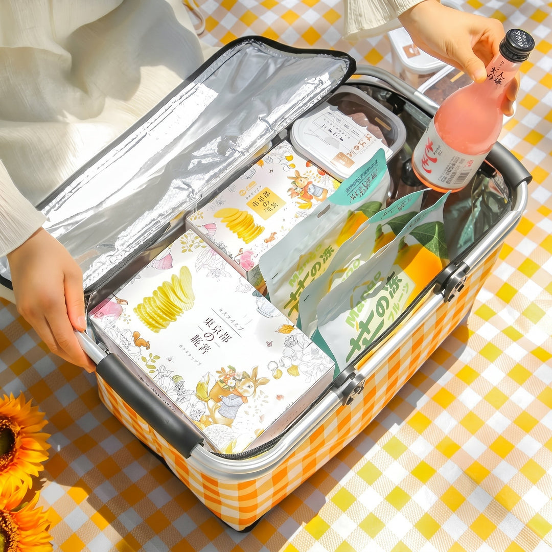 Collapsible Picnic Basket with Check Pattern and Double Zipper - Picnic Basket - Yellow - Oaksoho