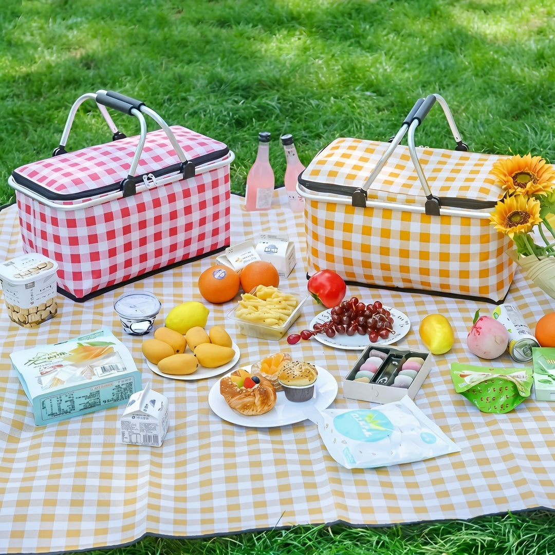 Collapsible Picnic Basket with Check Pattern and Double Zipper - Picnic Basket - Light Yellow - Oaksoho