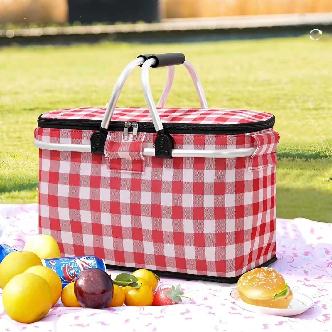Collapsible Picnic Basket with Check Pattern and Double Zipper - Picnic Basket - Red - Oaksoho