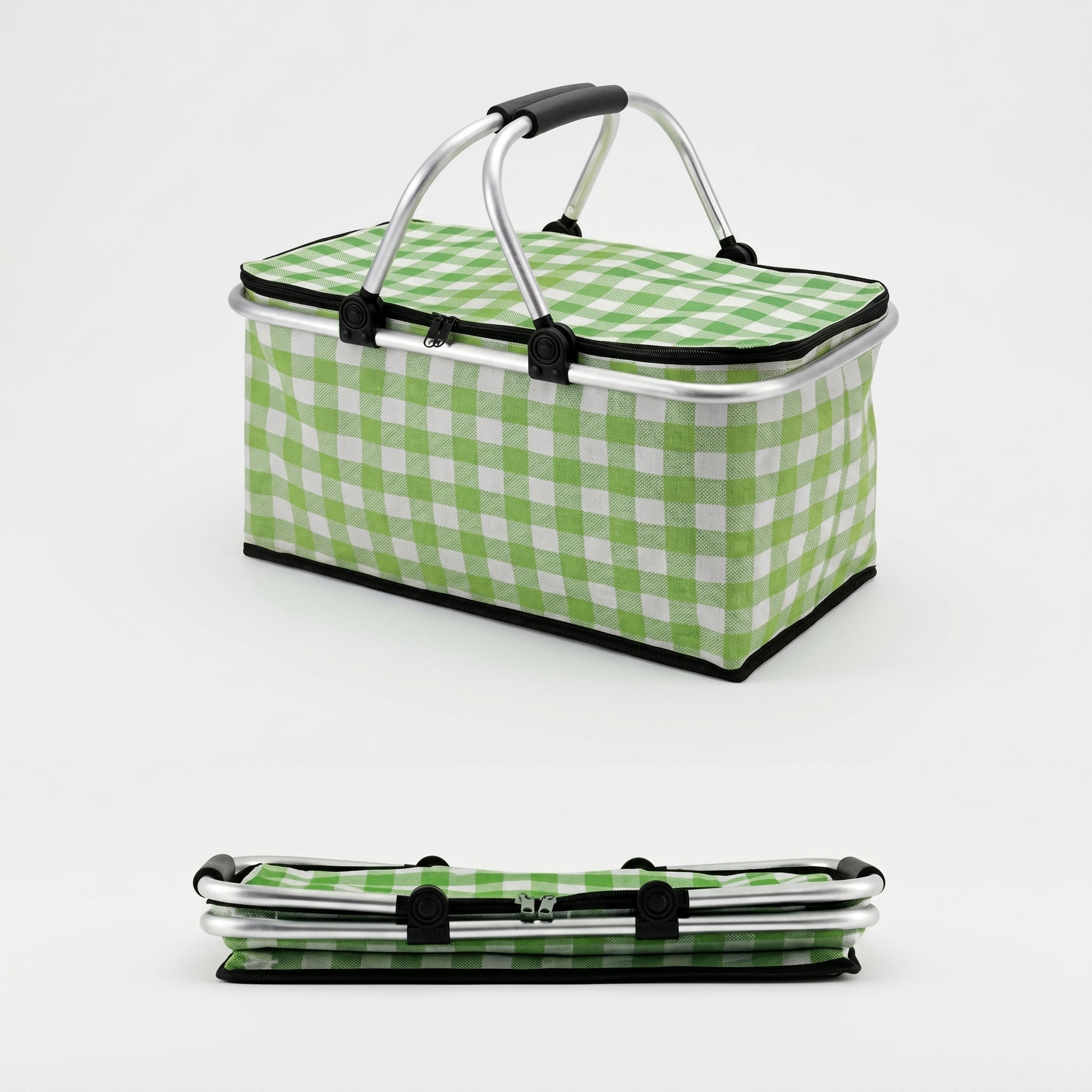 Collapsible Picnic Basket with Check Pattern and Double Zipper - Picnic Basket - Green - Oaksoho
