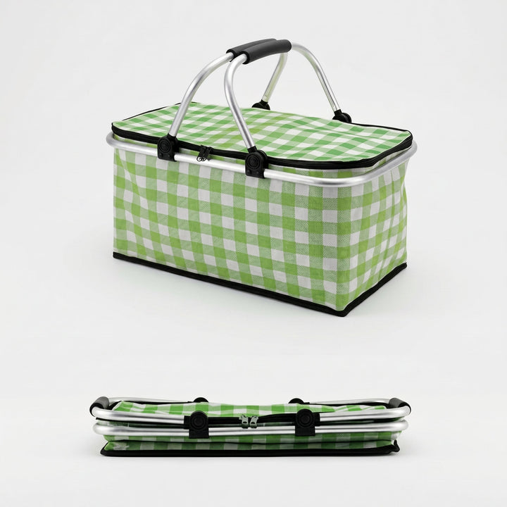 Collapsible Picnic Basket with Check Pattern and Double Zipper - Picnic Basket - Green - Oaksoho