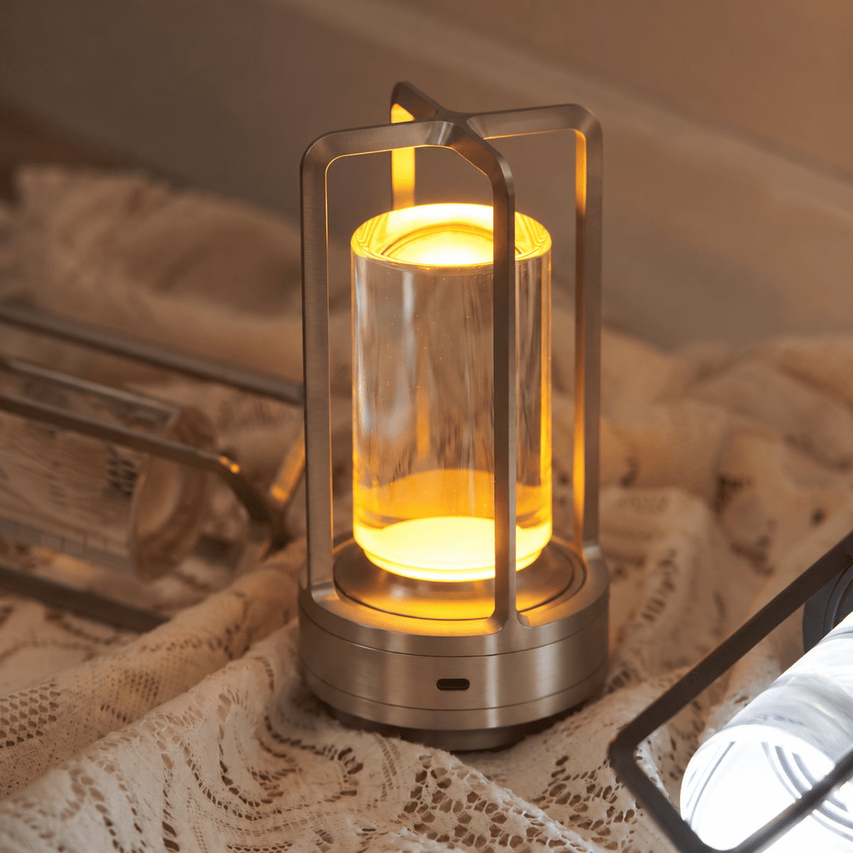 Cordless Cage Lantern Table Lamp with Touch Control - Table Lamps - Silver - Oak Soho