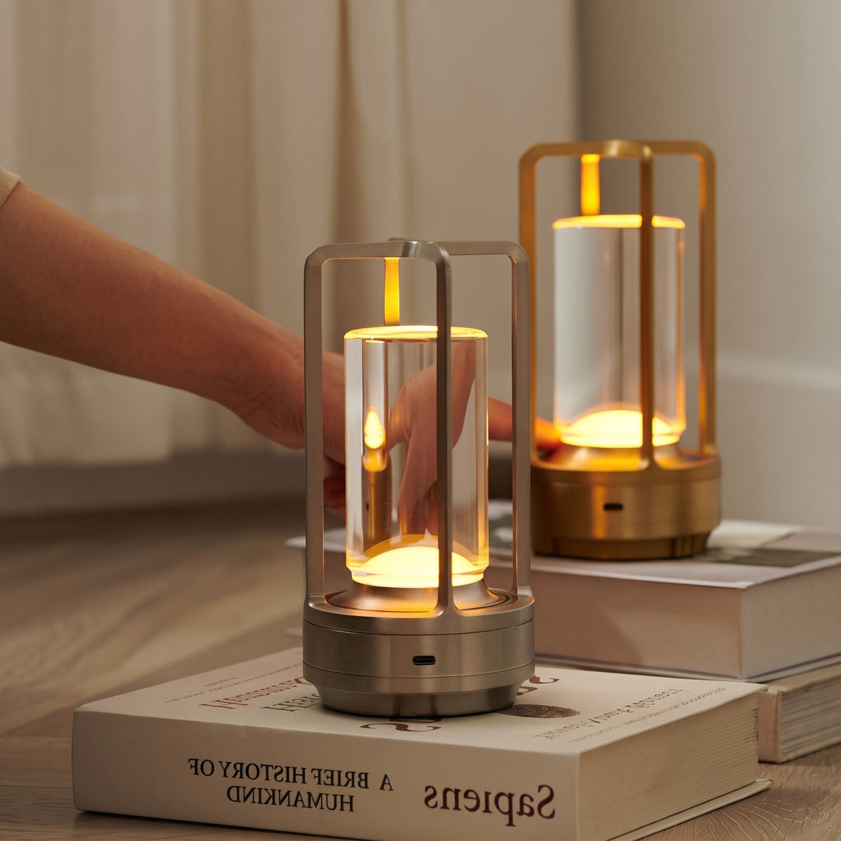 Cordless Cage Lantern Table Lamp with Touch Control - Table Lamps - Silver - Oak Soho