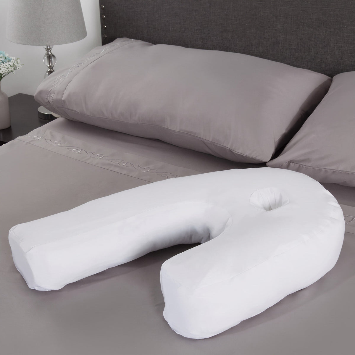 Curved Side Sleeper Pillow With Ear Hole Cut Out - Body Pillows - White - Oak Soho