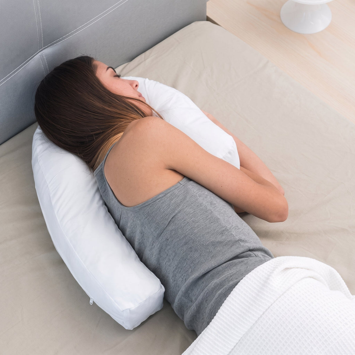 Curved Side Sleeper Pillow With Ear Hole Cut Out - Body Pillows - White - Oak Soho