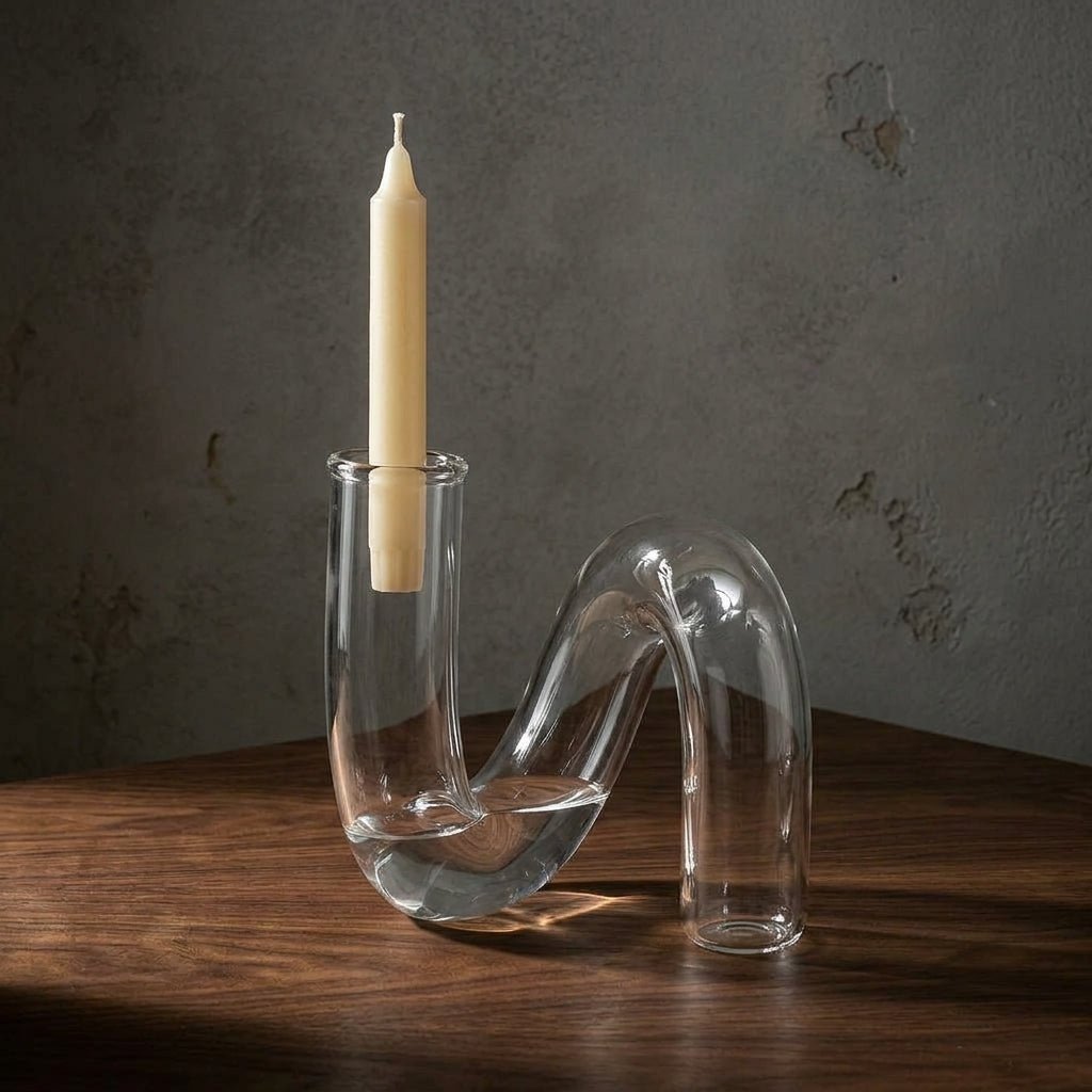 Curved Vase with Candle Holder - Vase - Transparent - Oaksoho