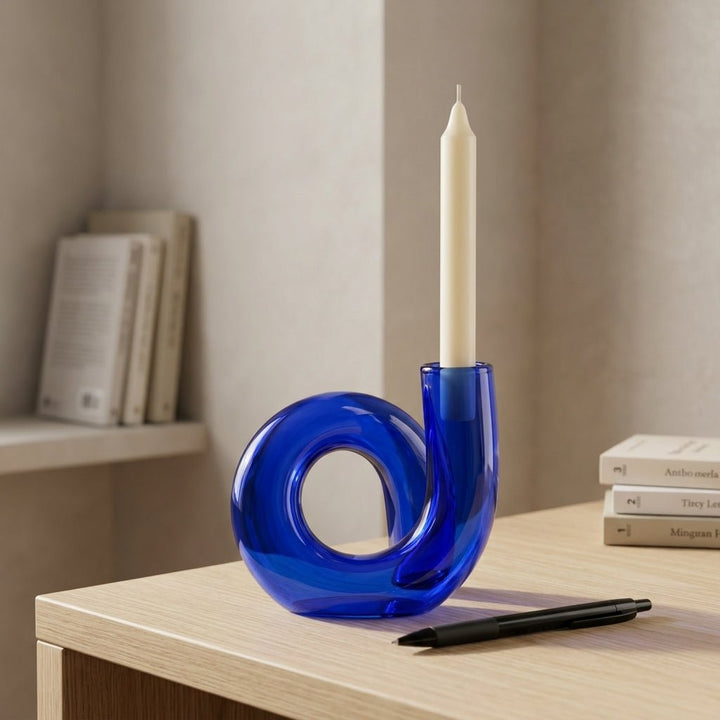 Curved Vase with Candle Holder - Vase - Blue - Oaksoho