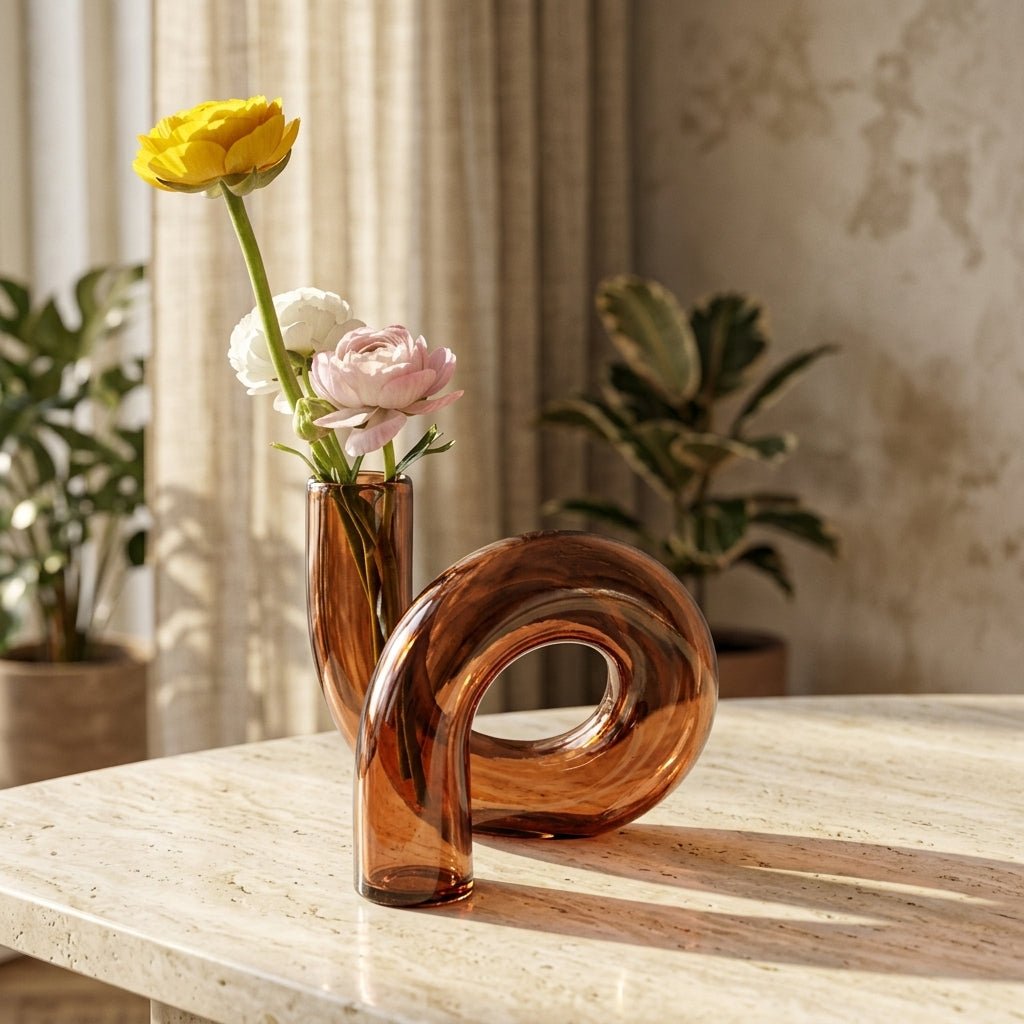 Curved Vase with Candle Holder - Vase - Brown - Oaksoho