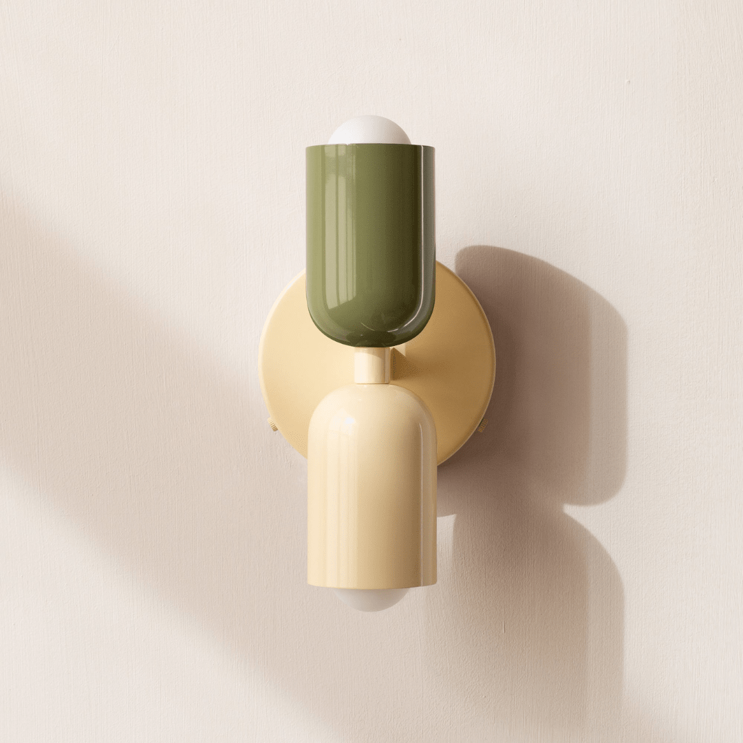 Cylinder Wall Sconce with Dual Light Heads and Round Backplate - Wall Light Fixtures - Green-Beige - Oak Soho