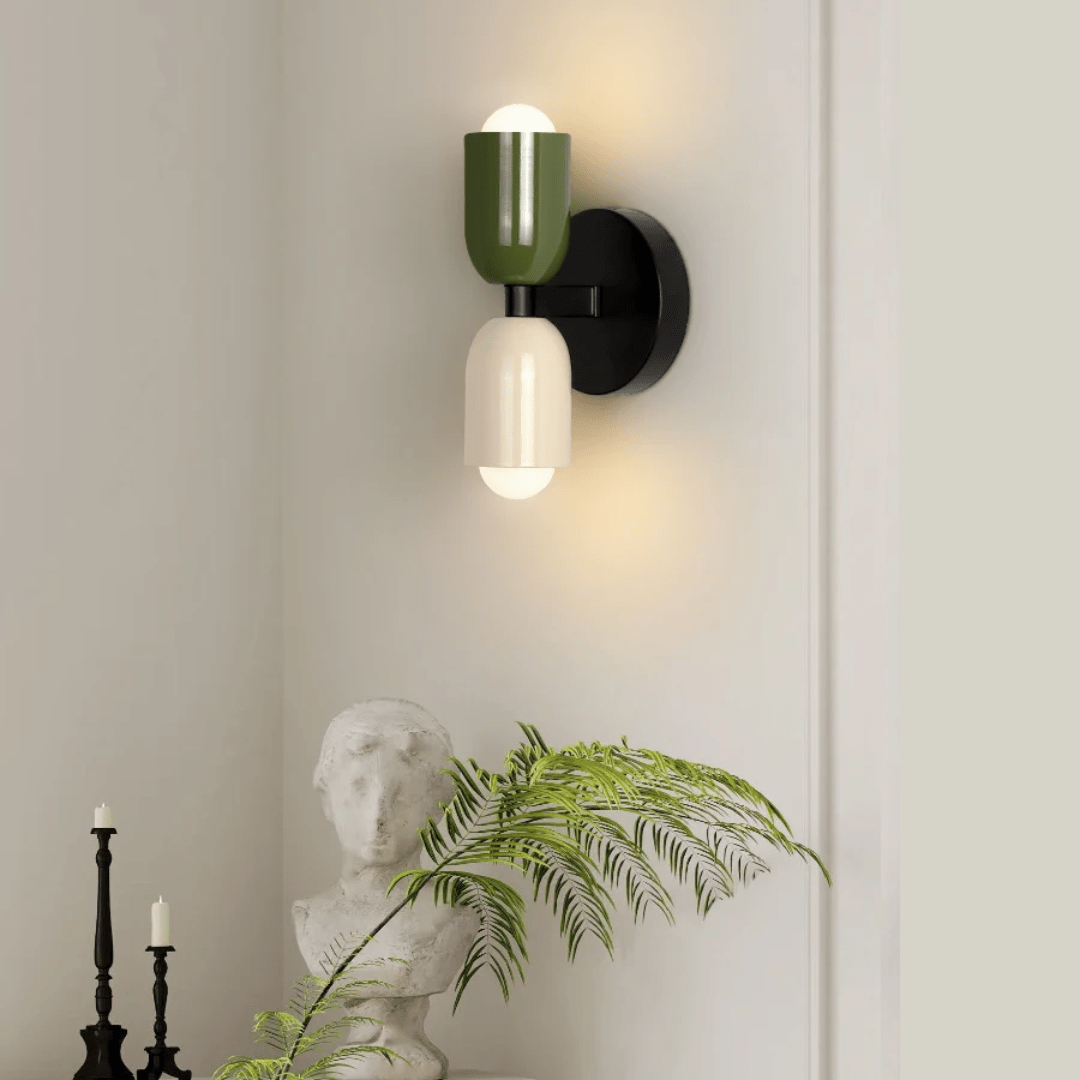 Cylinder Wall Sconce with Dual Light Heads and Round Backplate - Wall Light Fixtures - Black-Green - Oak Soho