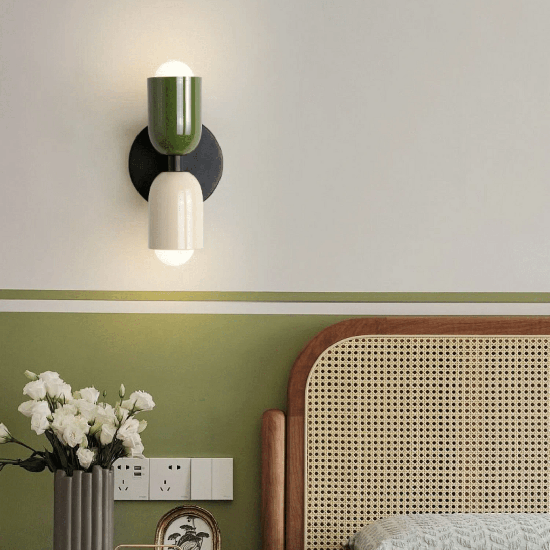 Cylinder Wall Sconce with Dual Light Heads and Round Backplate - Wall Light Fixtures - Black-Green - Oak Soho