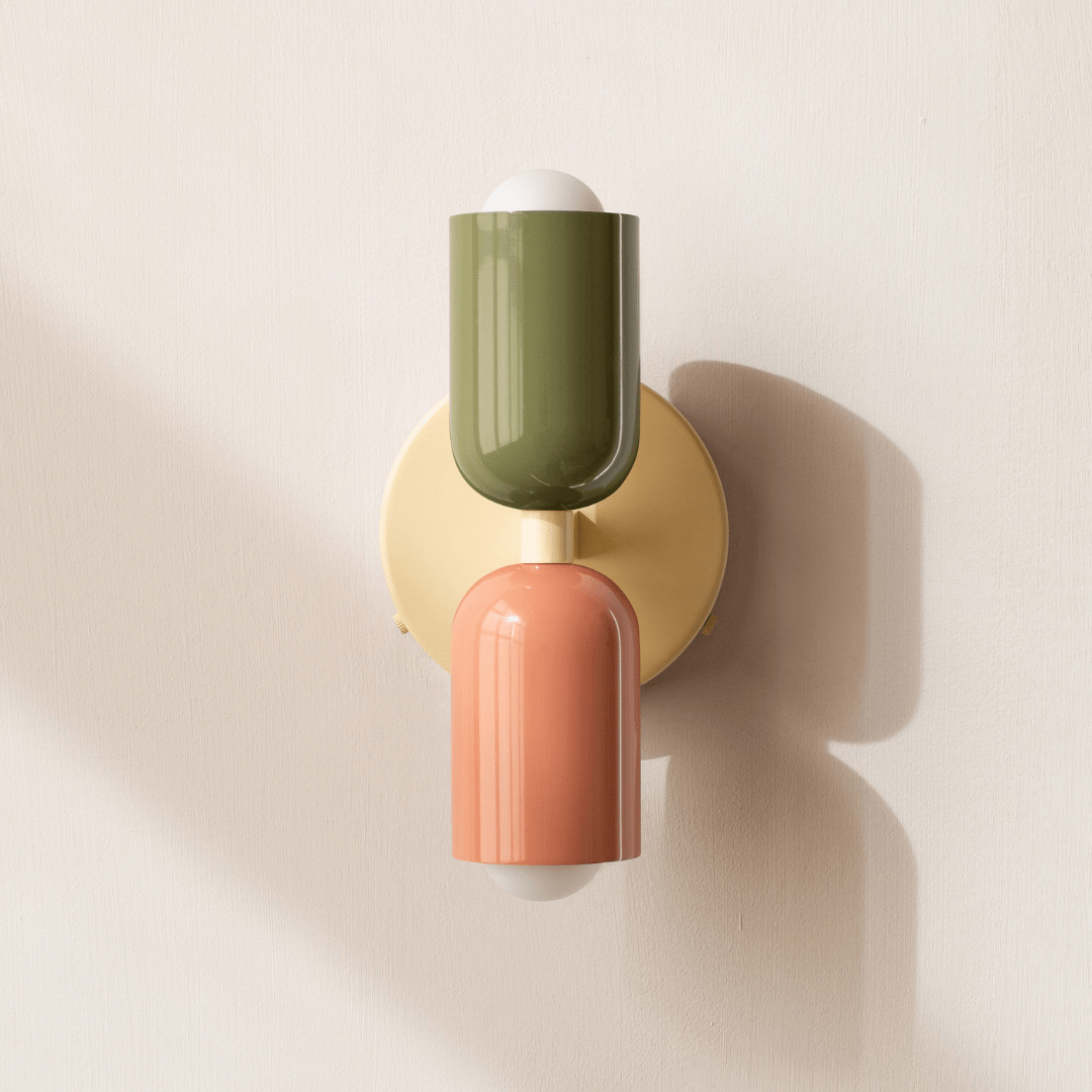 Cylinder Wall Sconce with Dual Light Heads and Round Backplate - Wall Light Fixtures - Green-Peach - Oak Soho