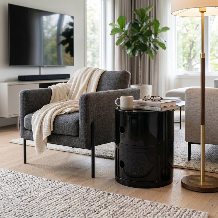 Cylindrical Nightstand with Rotating Doors and Compartments - Side Table - Black - Oaksoho