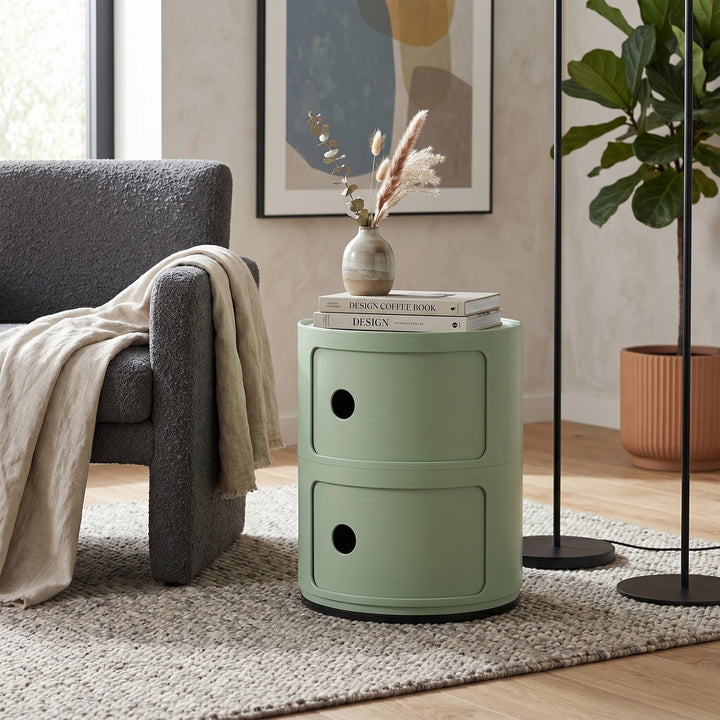 Cylindrical Nightstand with Rotating Doors and Compartments - Side Table - Green - Oaksoho