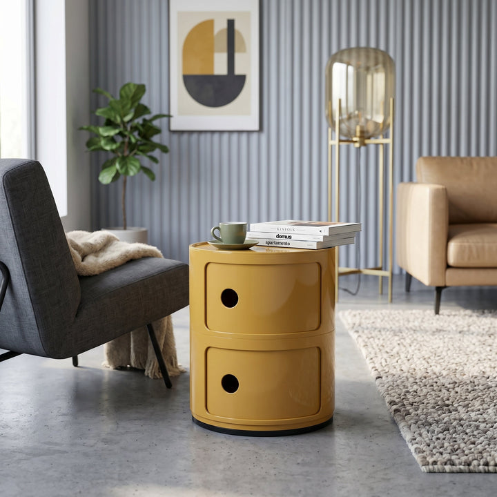 Cylindrical Nightstand with Rotating Doors and Compartments - Side Table - Yellow - Oaksoho
