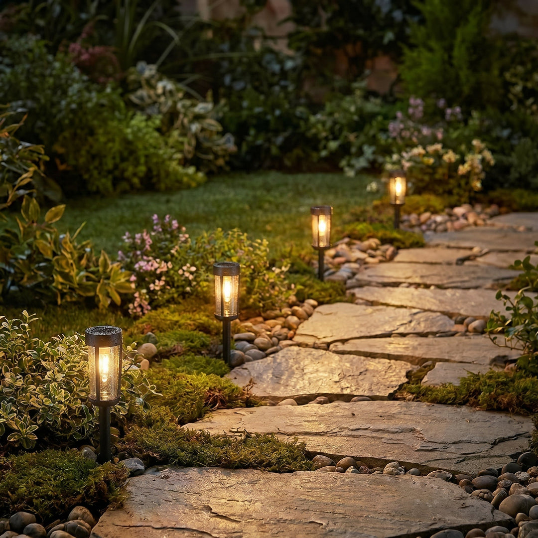 Cylindrical Solar Garden Path Lights on Stakes - Garden Light - Oaksoho