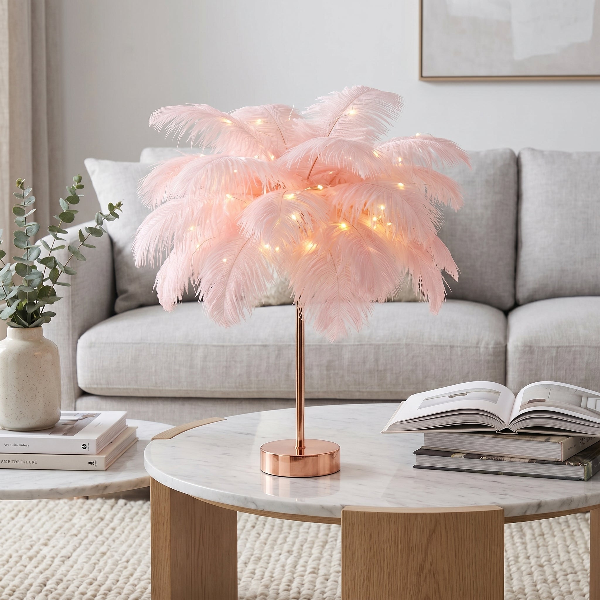 Decorative Feather Table Lamp for Bedroom and Living Room - Table Lamp - Pink - Oaksoho