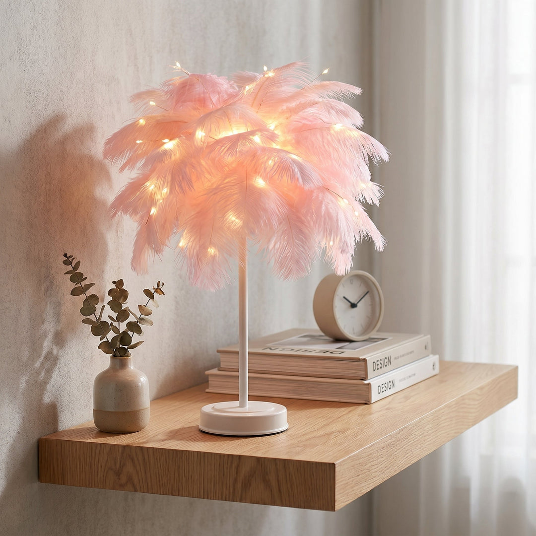 Decorative Feather Table Lamp for Bedroom and Living Room - Table Lamp - Pink - Oaksoho