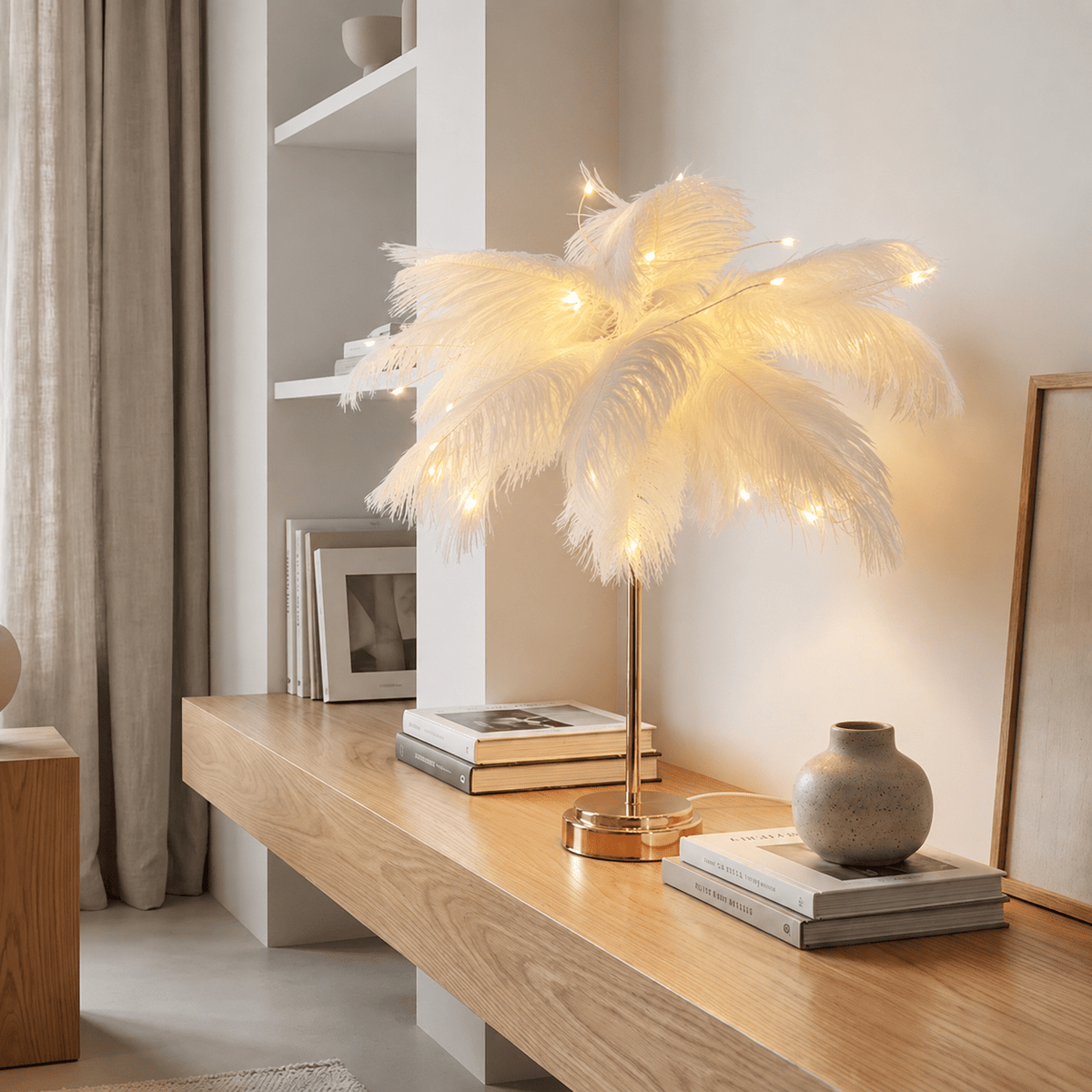 Decorative Feather Table Lamp for Bedroom and Living Room - Table Lamps - White - Oaksoho