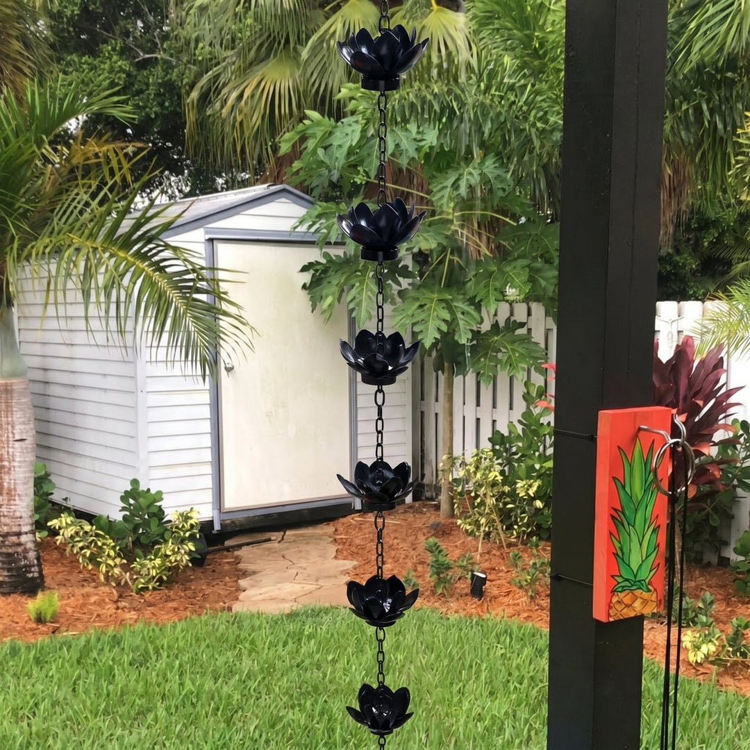 Decorative Rain Chain with Lotus Flower Cups - Rain Chain - Black - Oaksoho