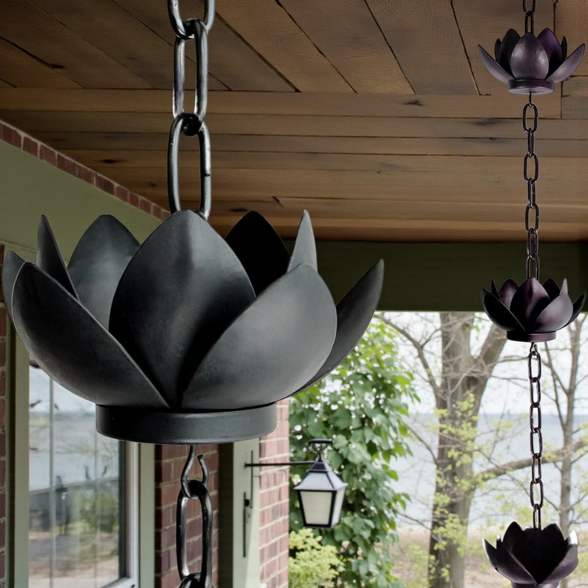 Decorative Rain Chain with Lotus Flower Cups - Rain Chain - Black - Oaksoho