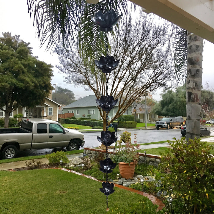 Decorative Rain Chain with Lotus Flower Cups - Rain Chain - Black - Oaksoho