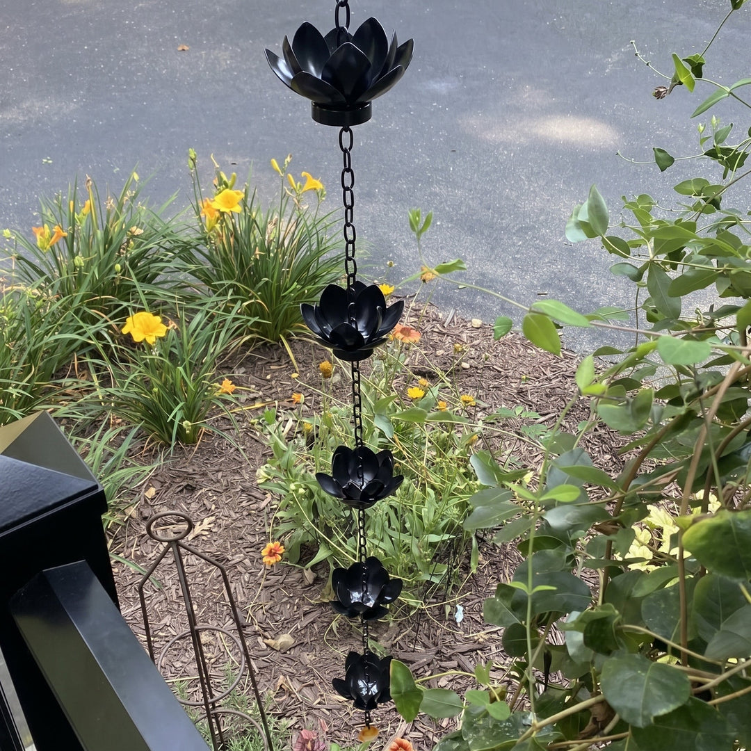 Decorative Rain Chain with Lotus Flower Cups - Rain Chain - Black - Oaksoho