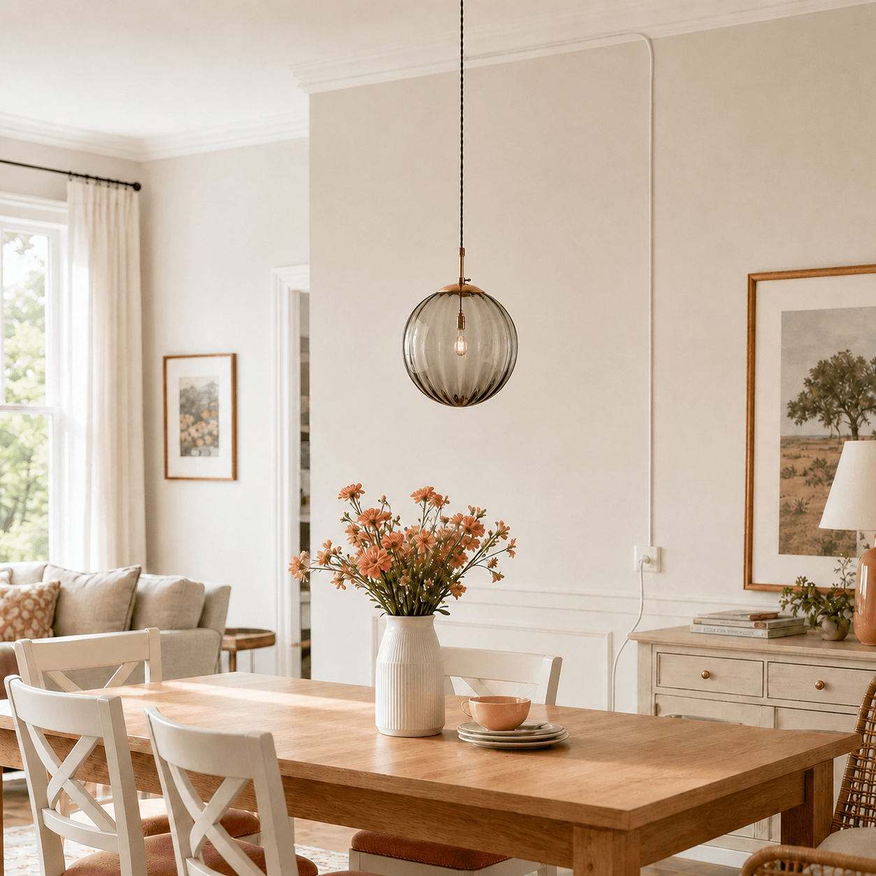 Decorative Ribbed Glass Sphere Pendant Light - Pendant Light Fixtures - Grey - Oaksoho