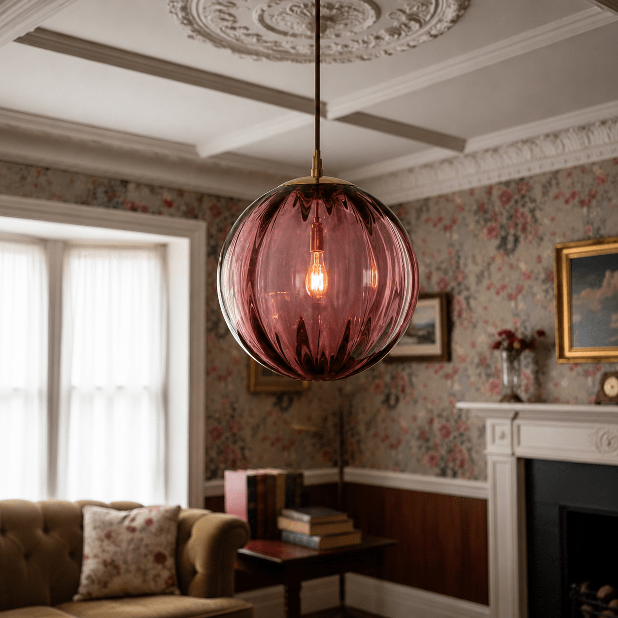 Decorative Ribbed Glass Sphere Pendant Light - Pendant Light Fixtures - Red - Oaksoho