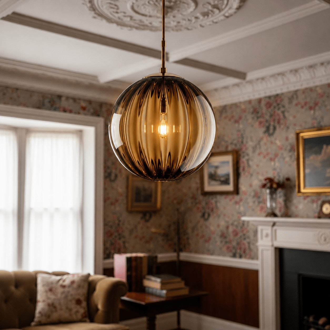 Decorative Ribbed Glass Sphere Pendant Light - Pendant Light Fixtures - Brown - Oaksoho