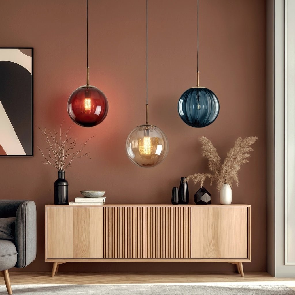 Decorative Ribbed Glass Sphere Pendant Light - Pendant Light Fixtures - Red - Oaksoho