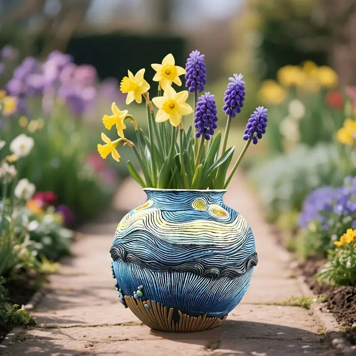 Decorative Round Flower Vase with Artwork Design - Vase - Blue - Oaksoho