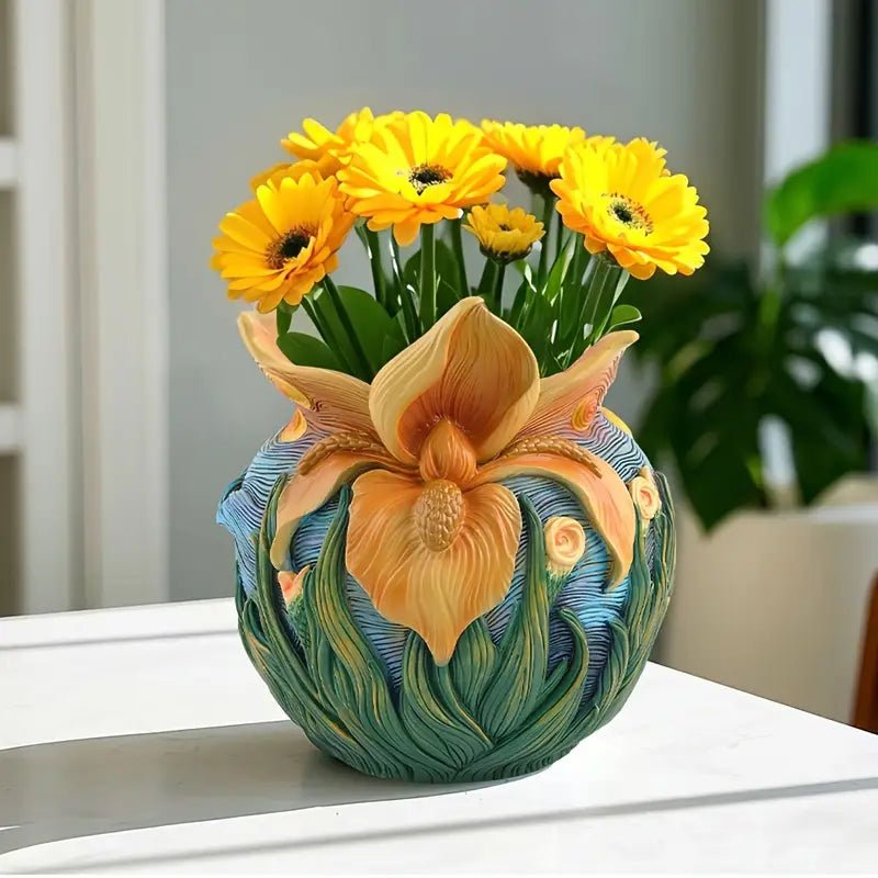 Decorative Round Flower Vase with Artwork Design - Vase - Orange - Oaksoho